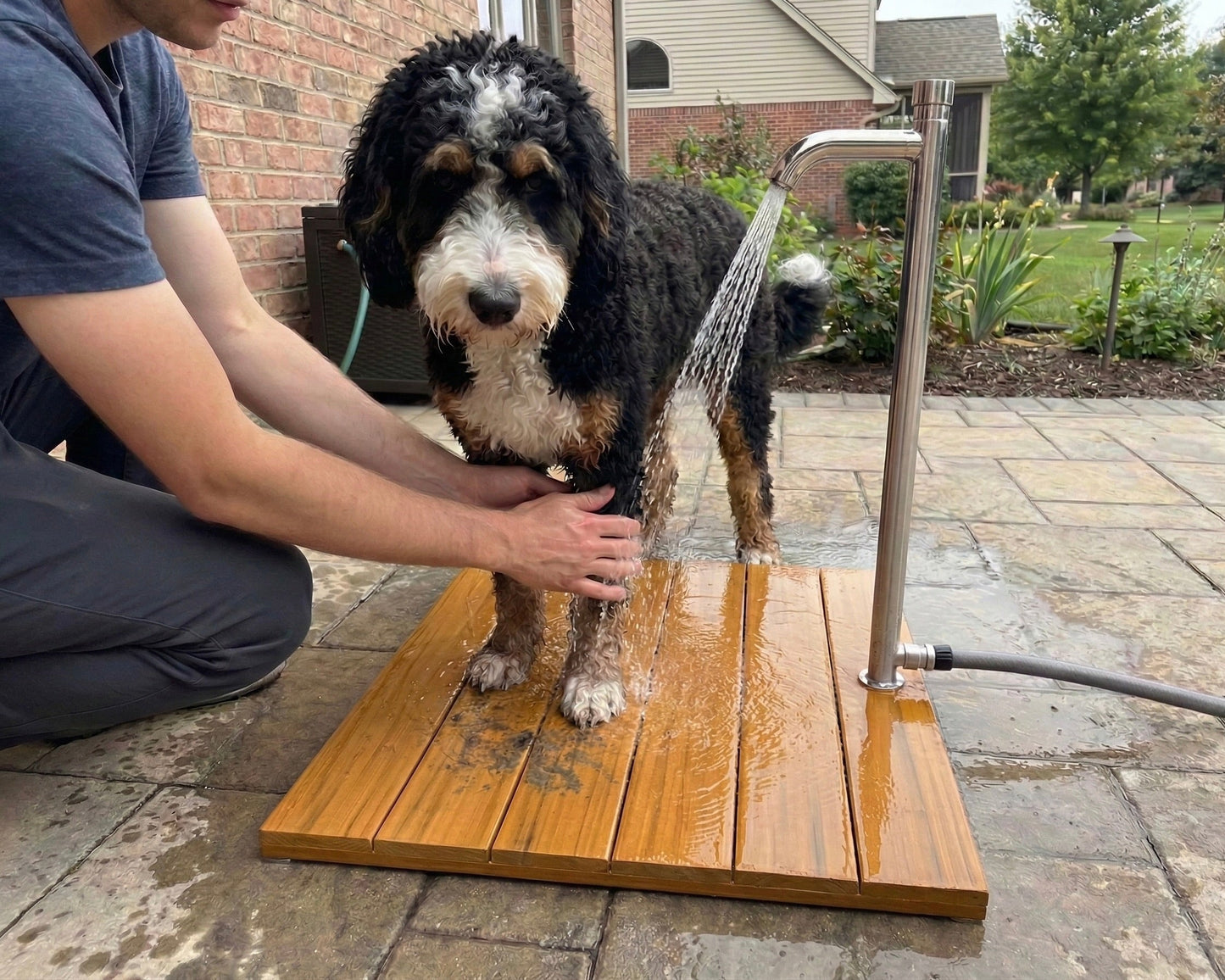 Dog rinsing muddy paws on Foot Fountain outdoor wash station