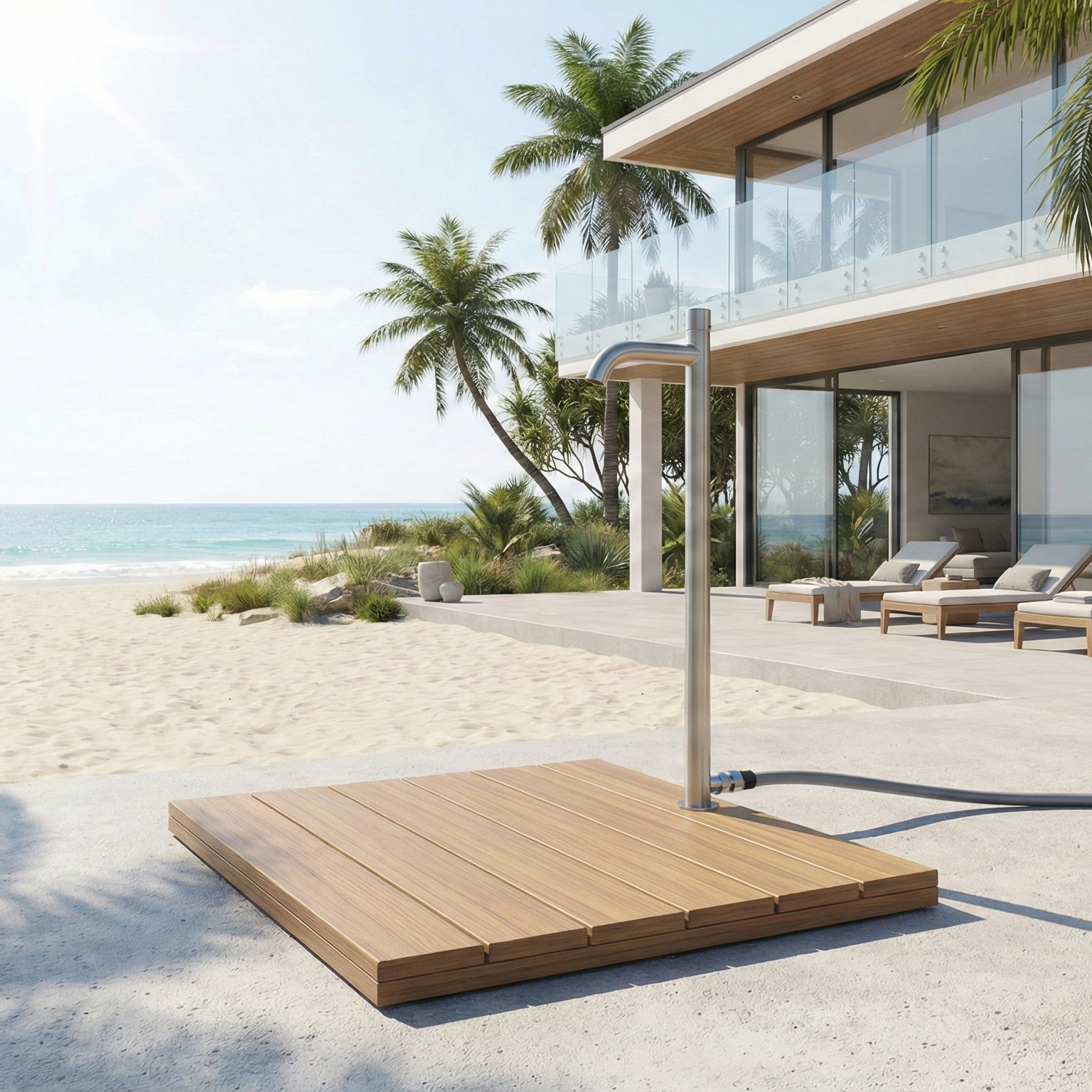 Teak Foot Fountain on a beach boardwalk