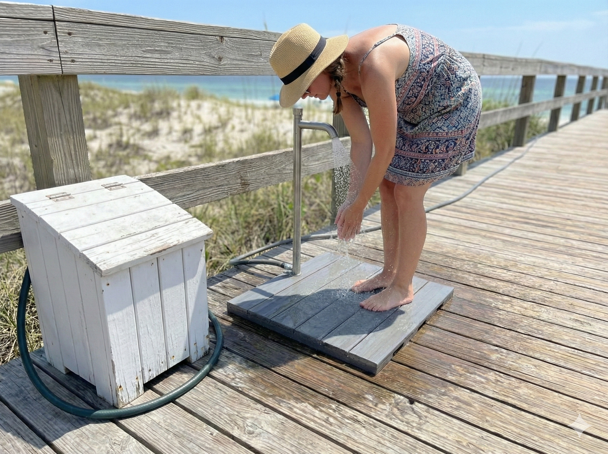Foot Fountain outdoor rinse station beside a home